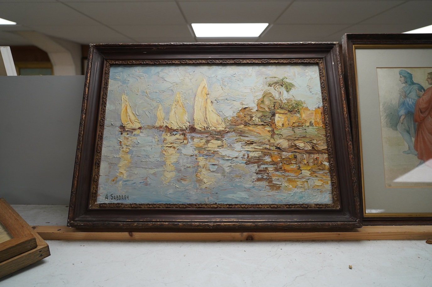 A. Sabbagh, impasto oil on board, Riverscape with fishing boats, signed, 32 x 49cm. Condition - good